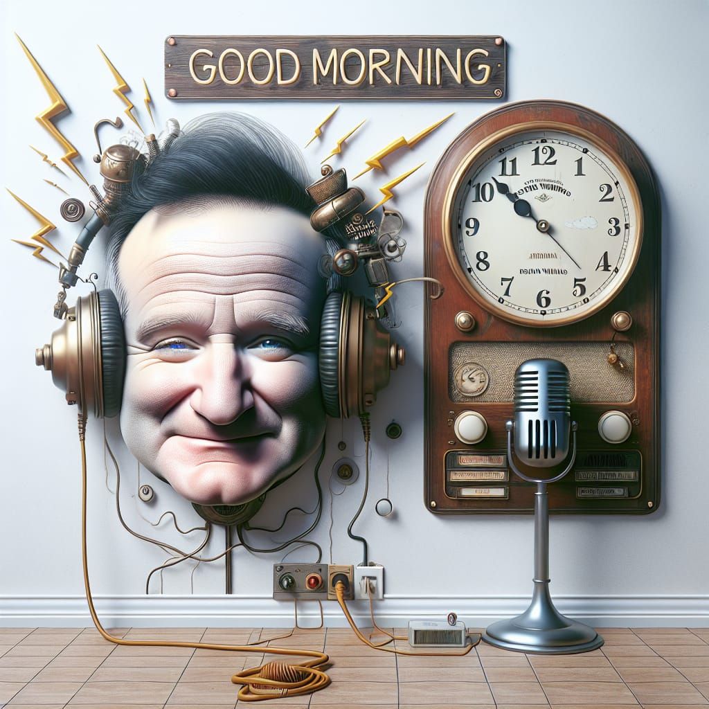 Steampunk Comedian with Retro Microphone and Clock