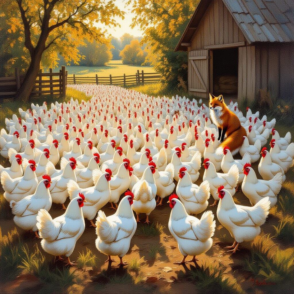 White Hens With Fox in Farmyard Oil Painting