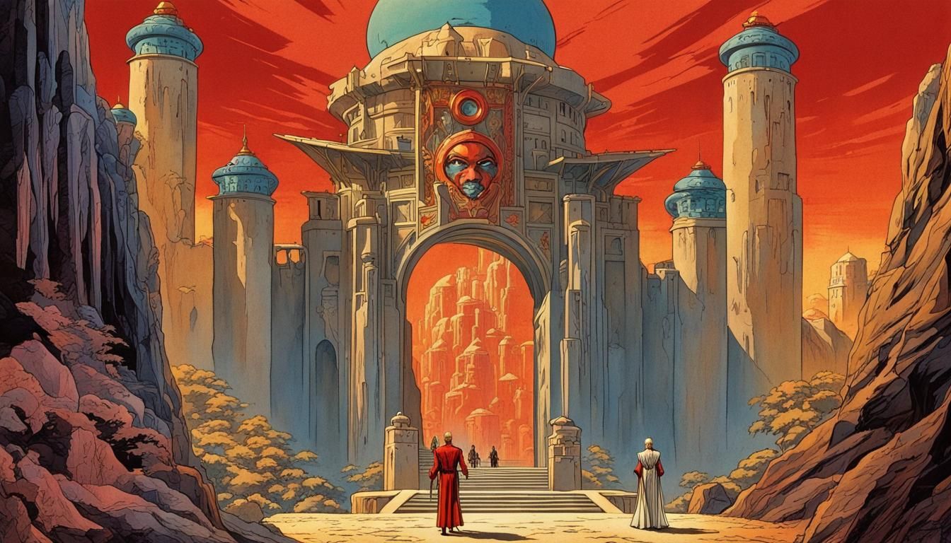 Flash Gordon and Doctor Zarkoff Entering The Great Castle of Ming on Planet of Mongo.