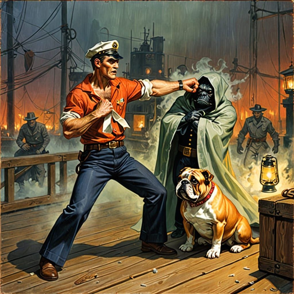 Sailor Punches Villain on Misty Dock, Pulp Art