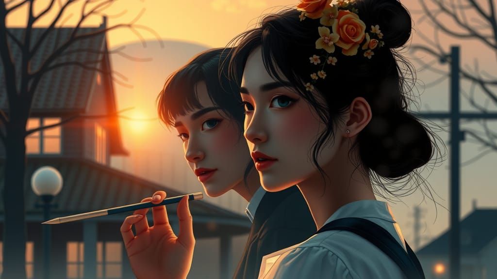 Manhwa-Style Double Exposure Portrait in Ethereal Mist