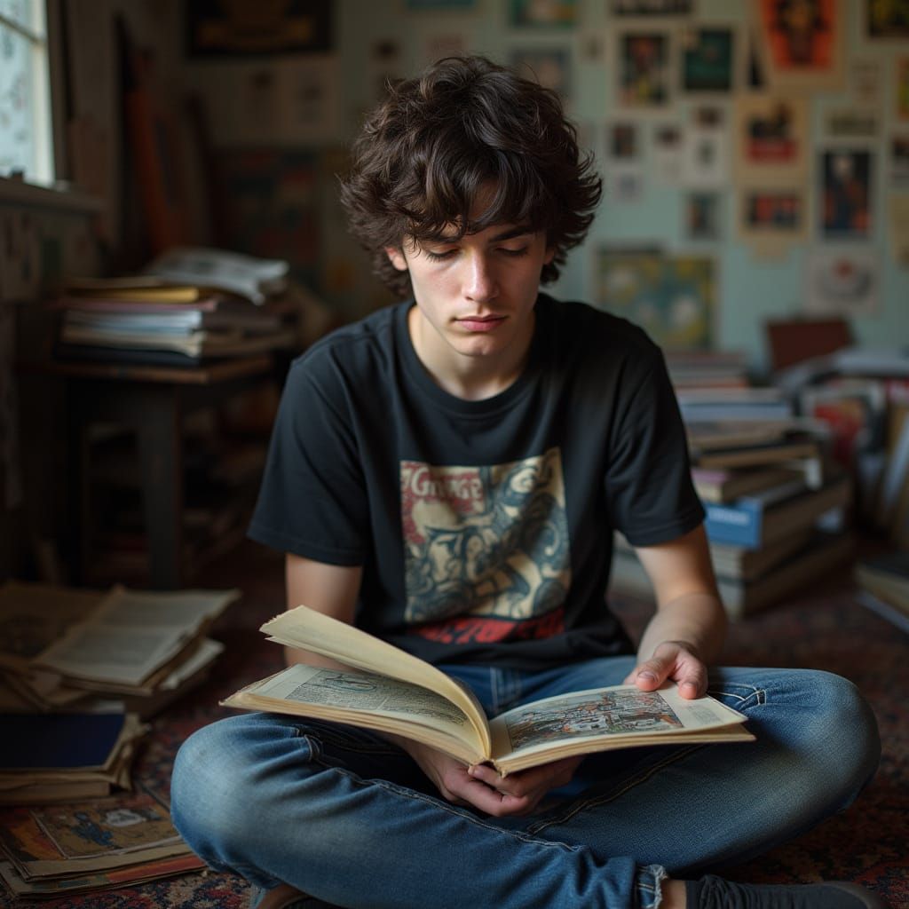 Hyperrealistic Portrait of a Young Man Reading Comic