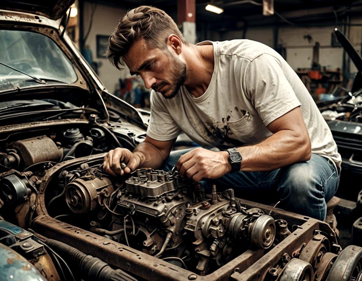 Man Repairing Car Motor in Cinematic Style