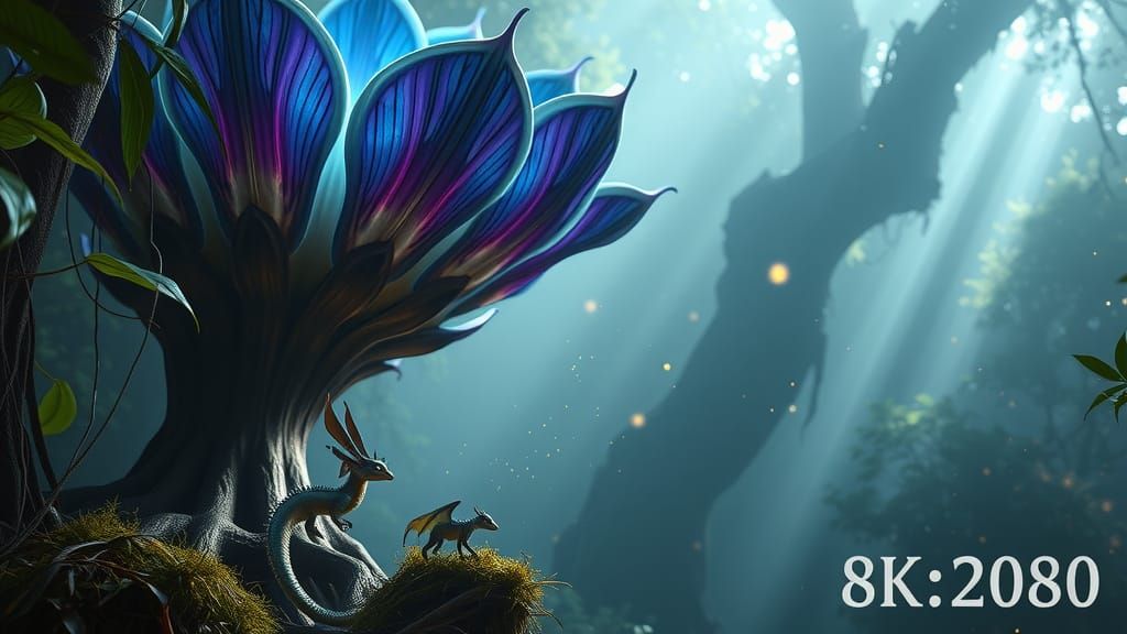 Colossal Bioluminescent Plant in Enchanted Forest with Drago...