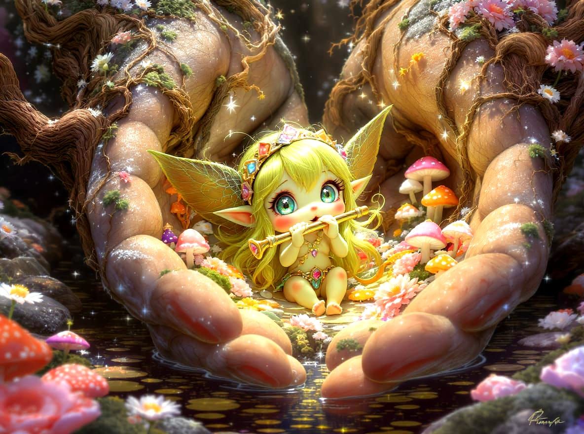 Chibi Pixie's Forest Concert: Pointillist Fantasy Art