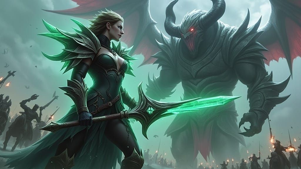 Ethereal Warrior Confronts Dark Forces in Gothic Splendor