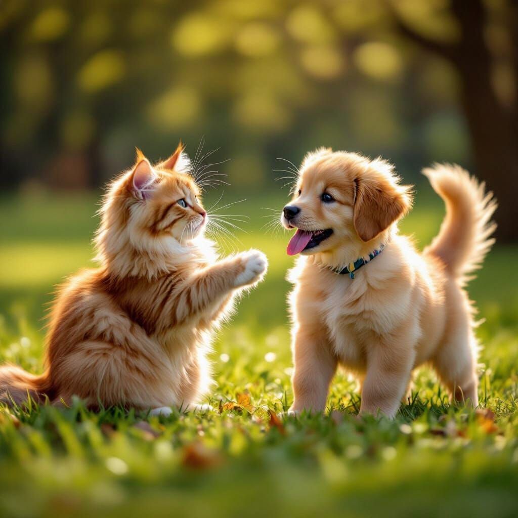 Cute Cat and Puppy Play in Sunlit Park