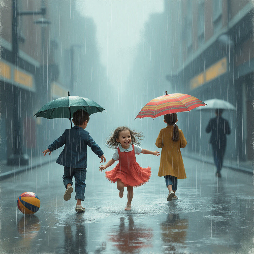 Children Play in Rainy Street, Watercolor Style
