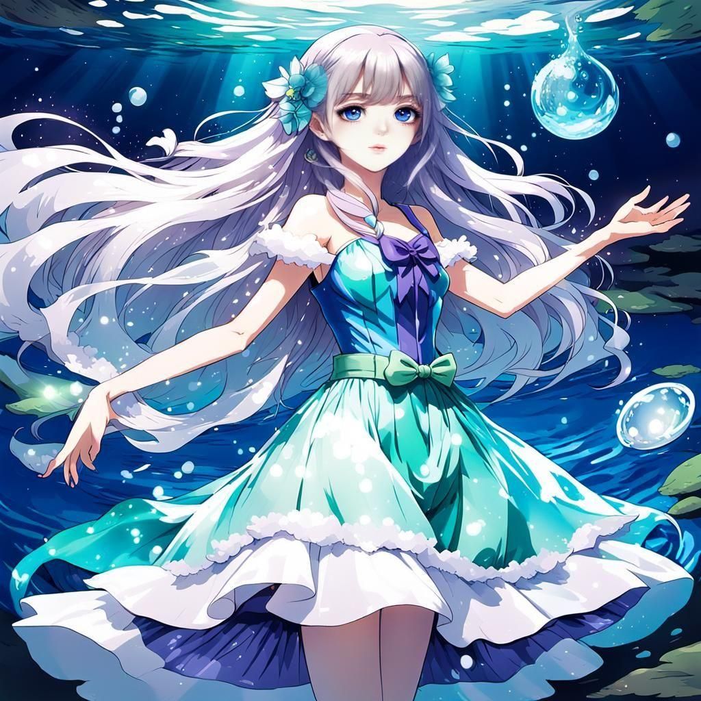 Anime Girl in Purple Dress with Water Background