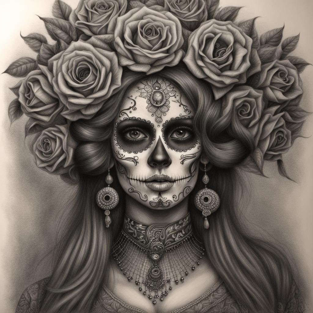 Hyperdetailed Charcoal Drawing of Catrina