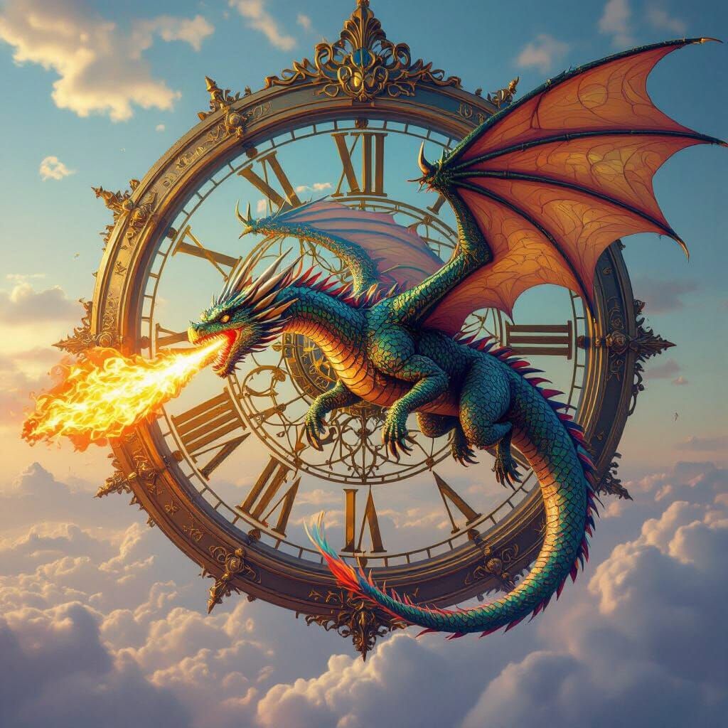 Dragon Soaring Through Clock in Surreal Style