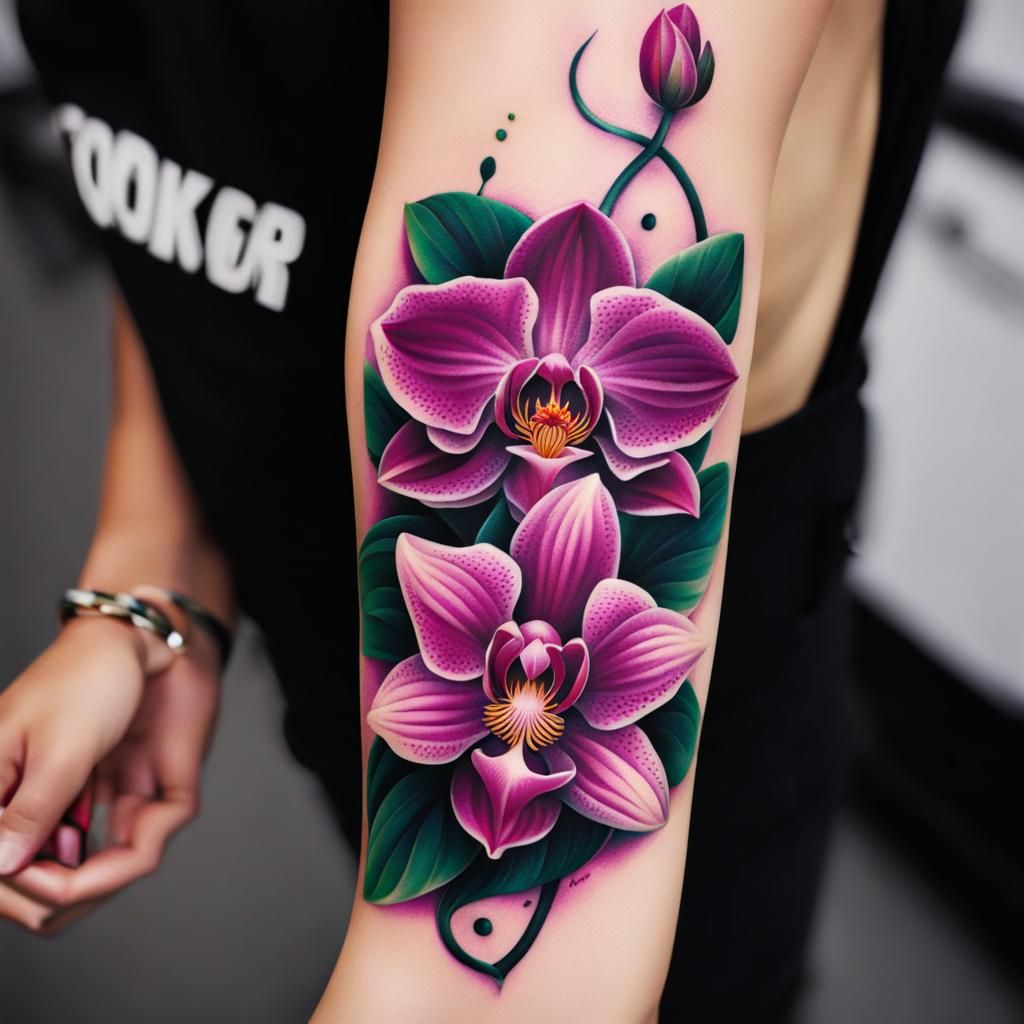 Orchid and Lotus Arm Tattoo Design