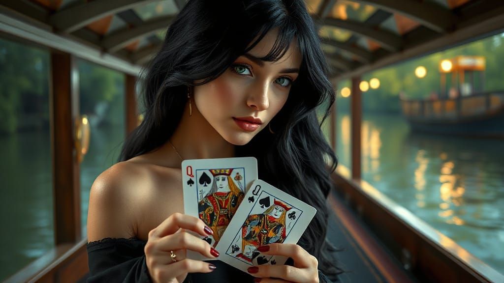 Elegant Card Player on Riverboat with Mirror Image