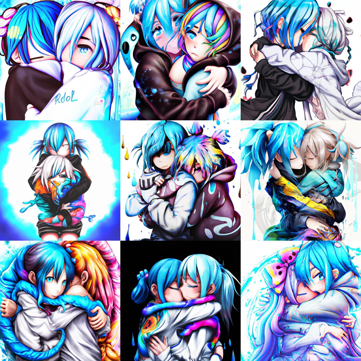 Psychedelic Anime Girls Hugging in Pastel Tie-Dye