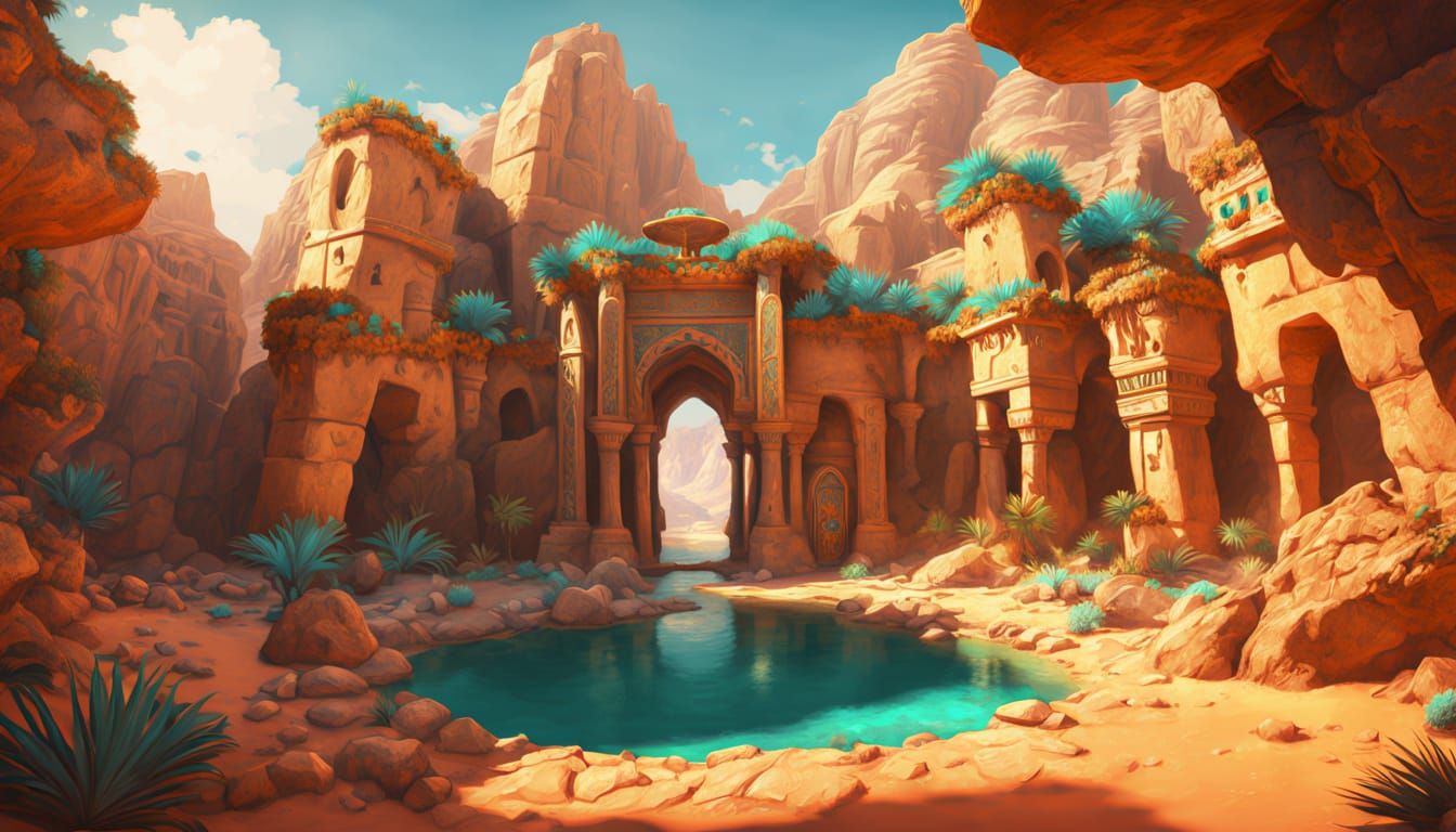 Oasis Well in Desert, Digital Painting Style