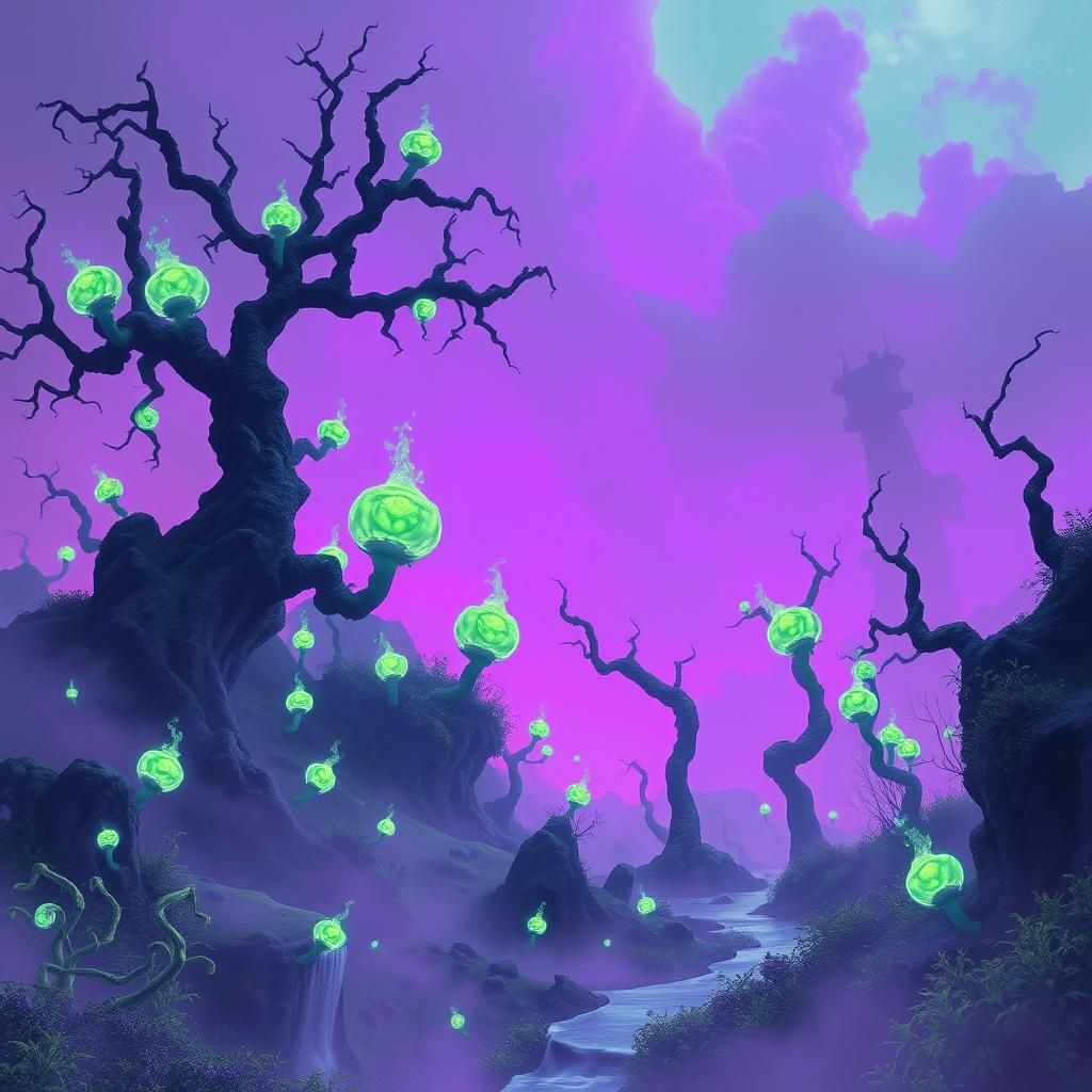 Dreamlike Landscape with Purple Mist in Sci-Fi Style