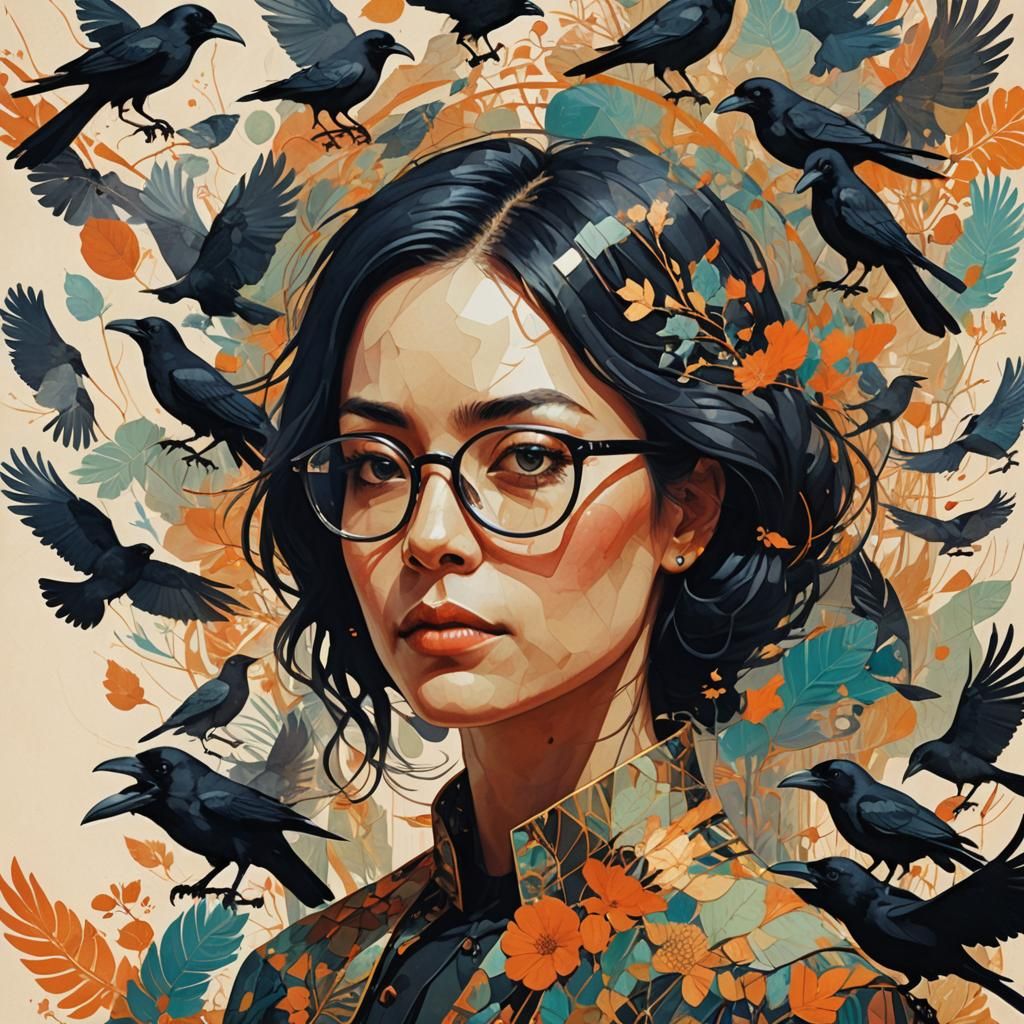 Surreal Raven Portrait in Double Exposure Collage