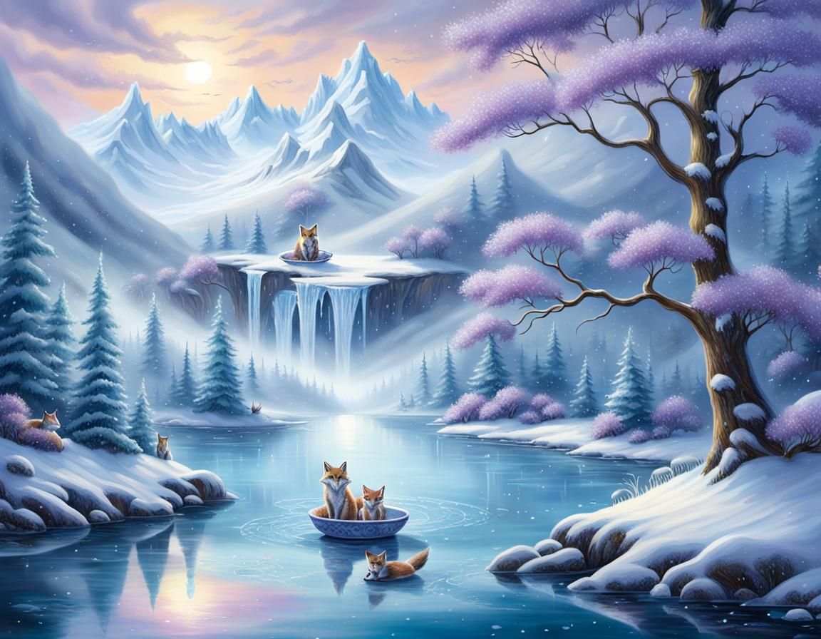 Winter Wonderland Lake in Teacup, Fantasy Art
