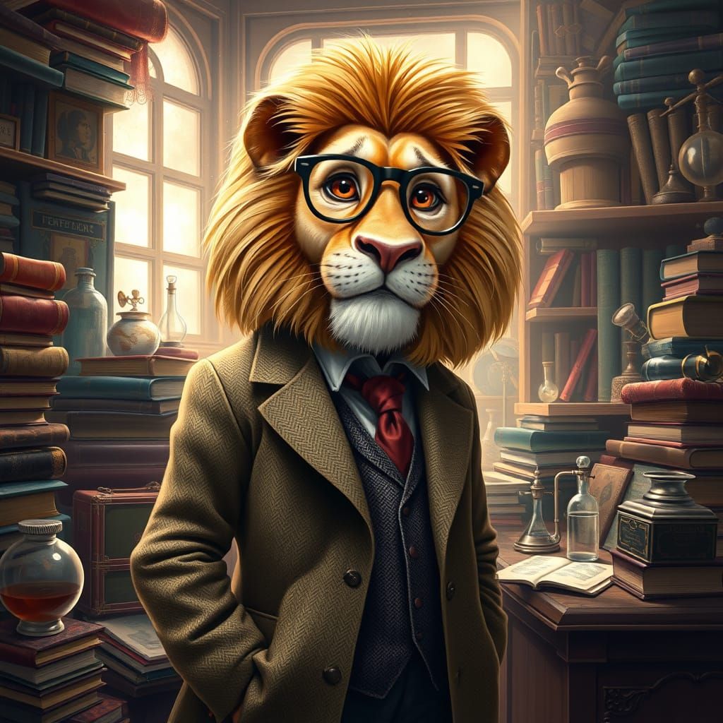 Lion Professor in Sunlit Study, Digital Art