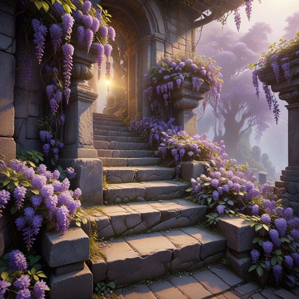 Stone Steps and Wisteria in Fantasy Art Style