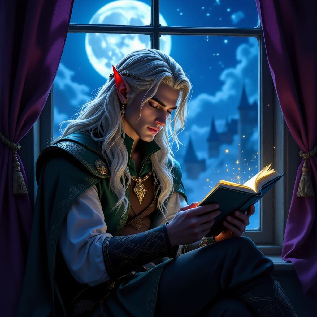 Half-Elf Bard Writes Love Poem by Moonlight