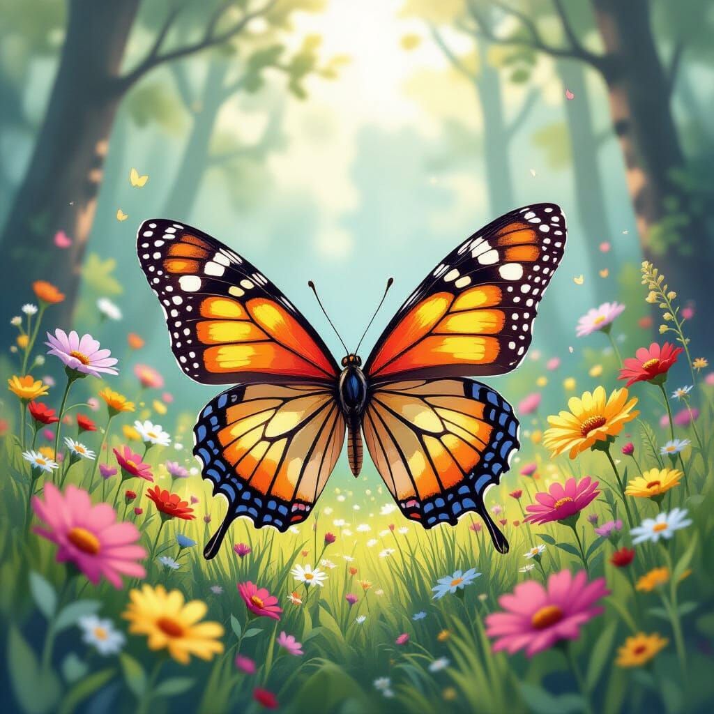 Whimsical Butterfly in Forest, Watercolor Style