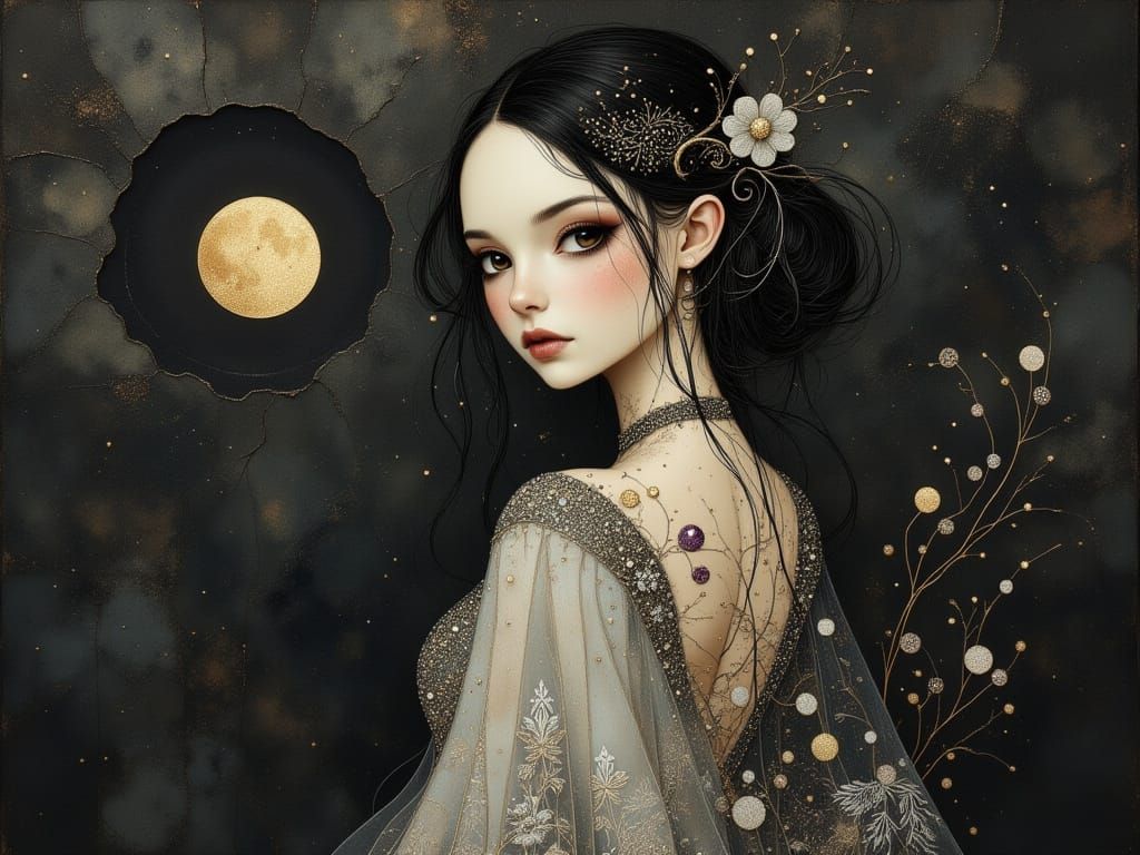 Gothic Maiden Basks in Soft Lunar Glow
