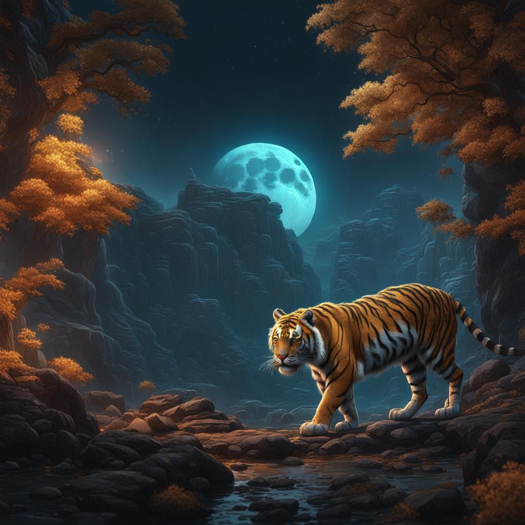 Moon Tiger in Detailed Digital Painting