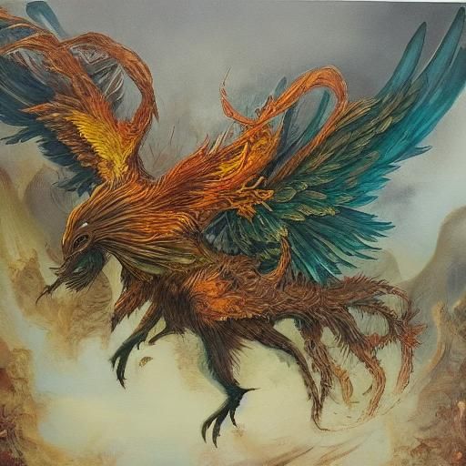 Phoenix Spreading Wings in Mystical Forest Oil Painting