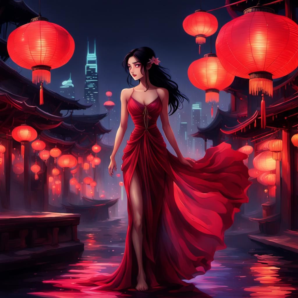 Jasmine in Neon Cityscape, Manga Scan Style