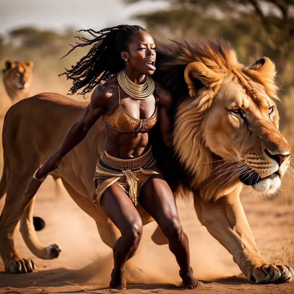 Muscular African Girl's Lion Fight: A Powerful Scene