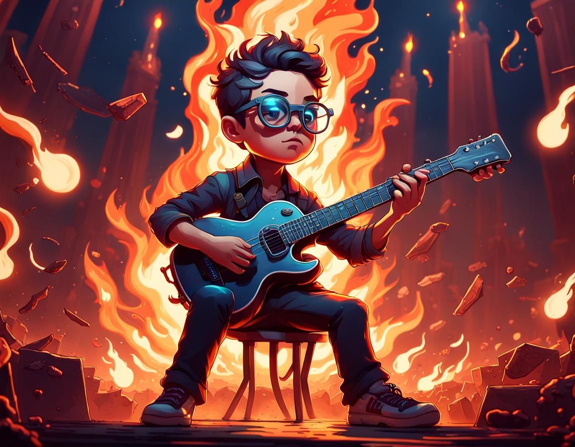 Chibi Boy Rocks Stage with Fiery Double Guitar