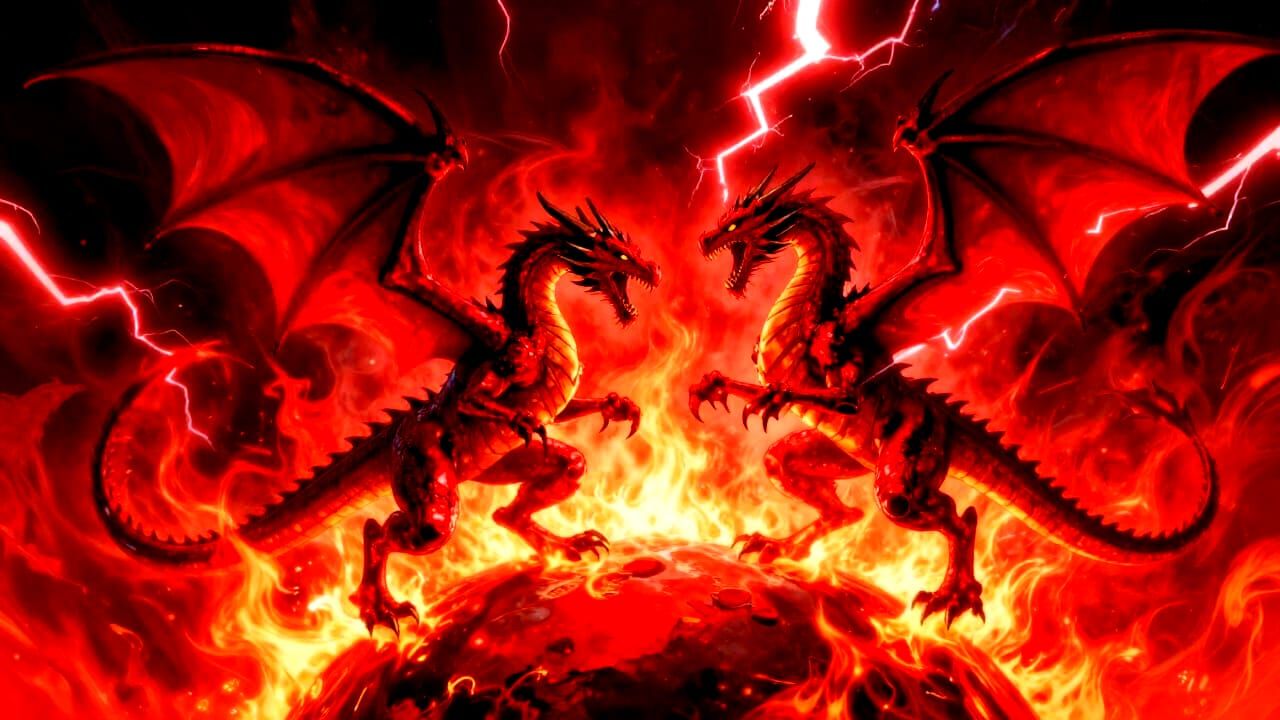 Crimson Dragons Battle Above Fiery Planet in Expressionist S...