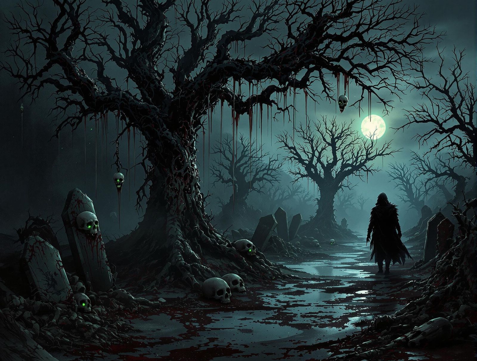 Skeletal trees, their branches dripping with viscous, black ...