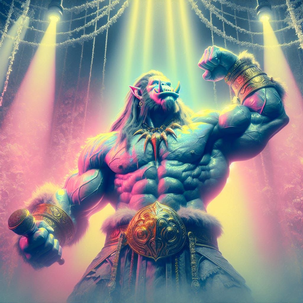 Regal Ork Flexing Muscles in Ethereal Fantasy Style