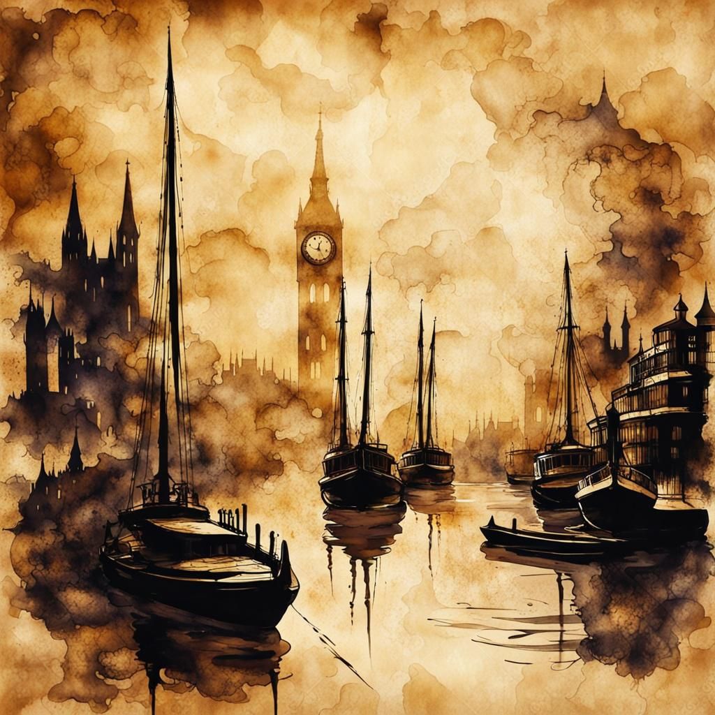 Steampunk River Thames Ink Painting