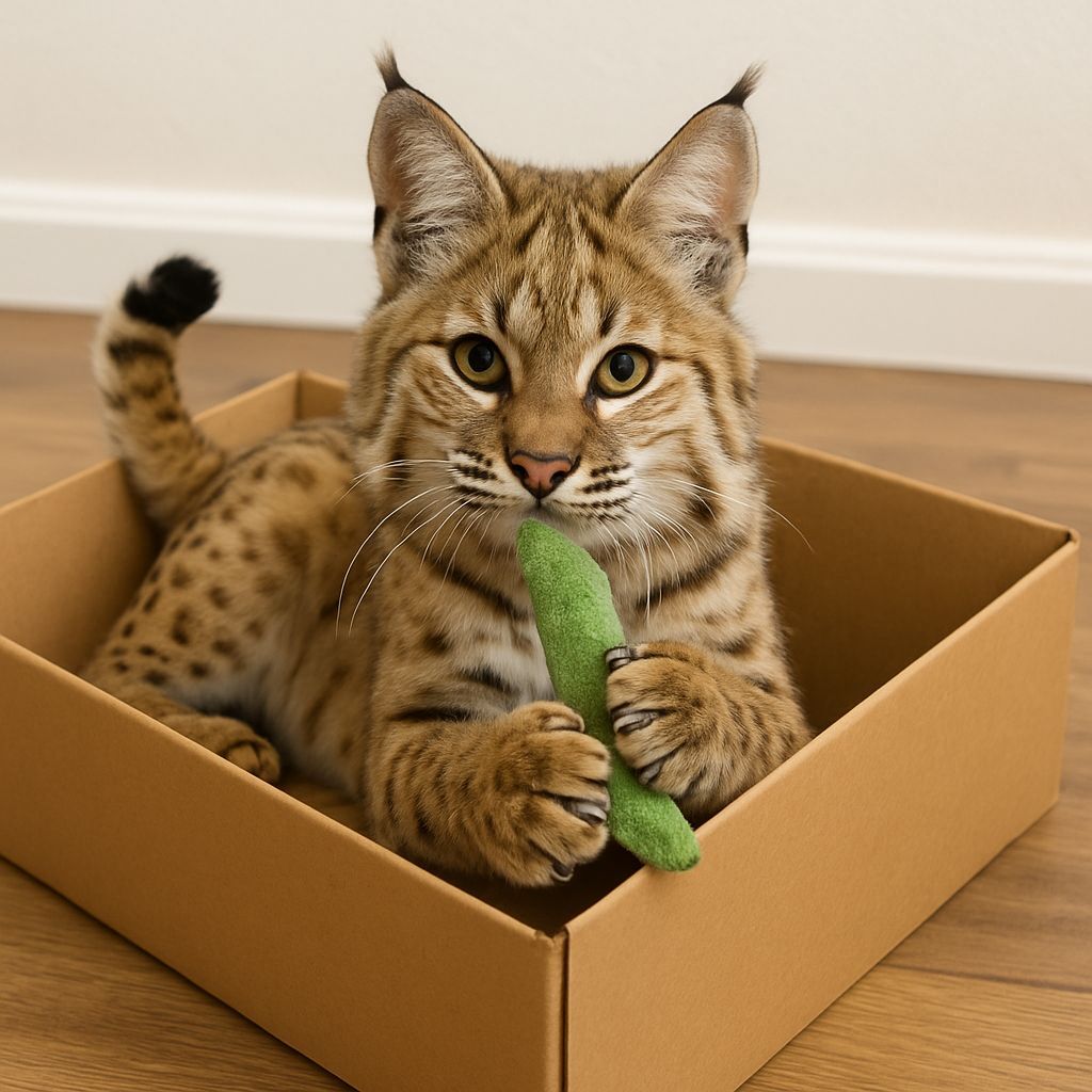Cute Bobcat Kitten Plays with Catnip in Cardboard Box