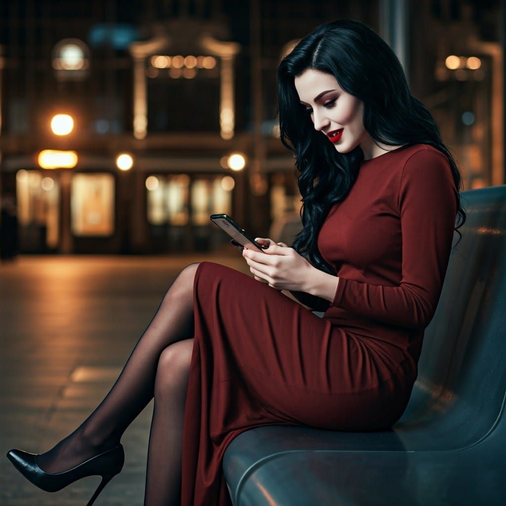 Elegant Vampire Woman in Moody Nighttime Atmosphere