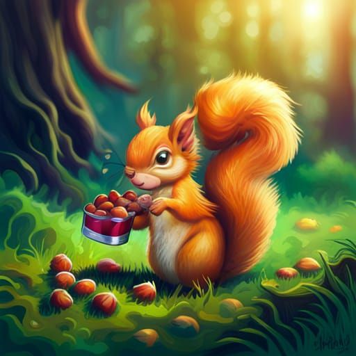 Colorful Squirrel with Hazelnuts in Graffiti Art Style