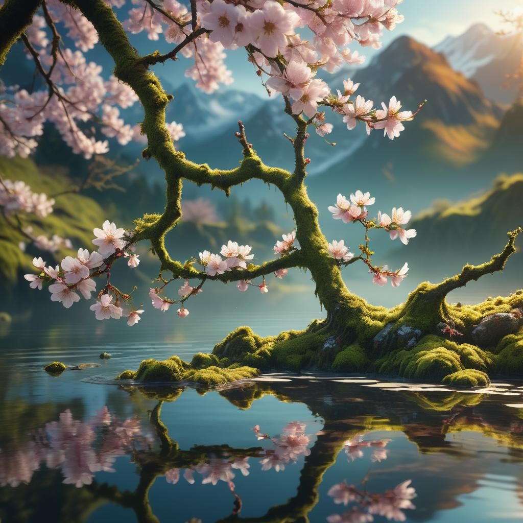 Mossy Cherry Blossom Branch Reflected in Lake