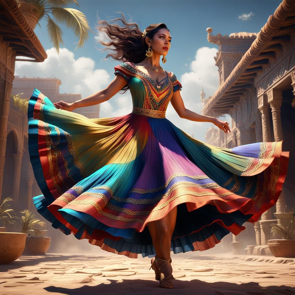 Hispanic Girl Dancing in Colorful Dress, Fantasy Art