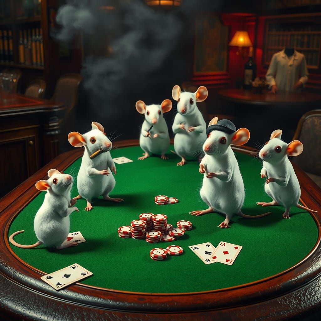 Retro Card Game Scene with Mice in 1940s Bar Style