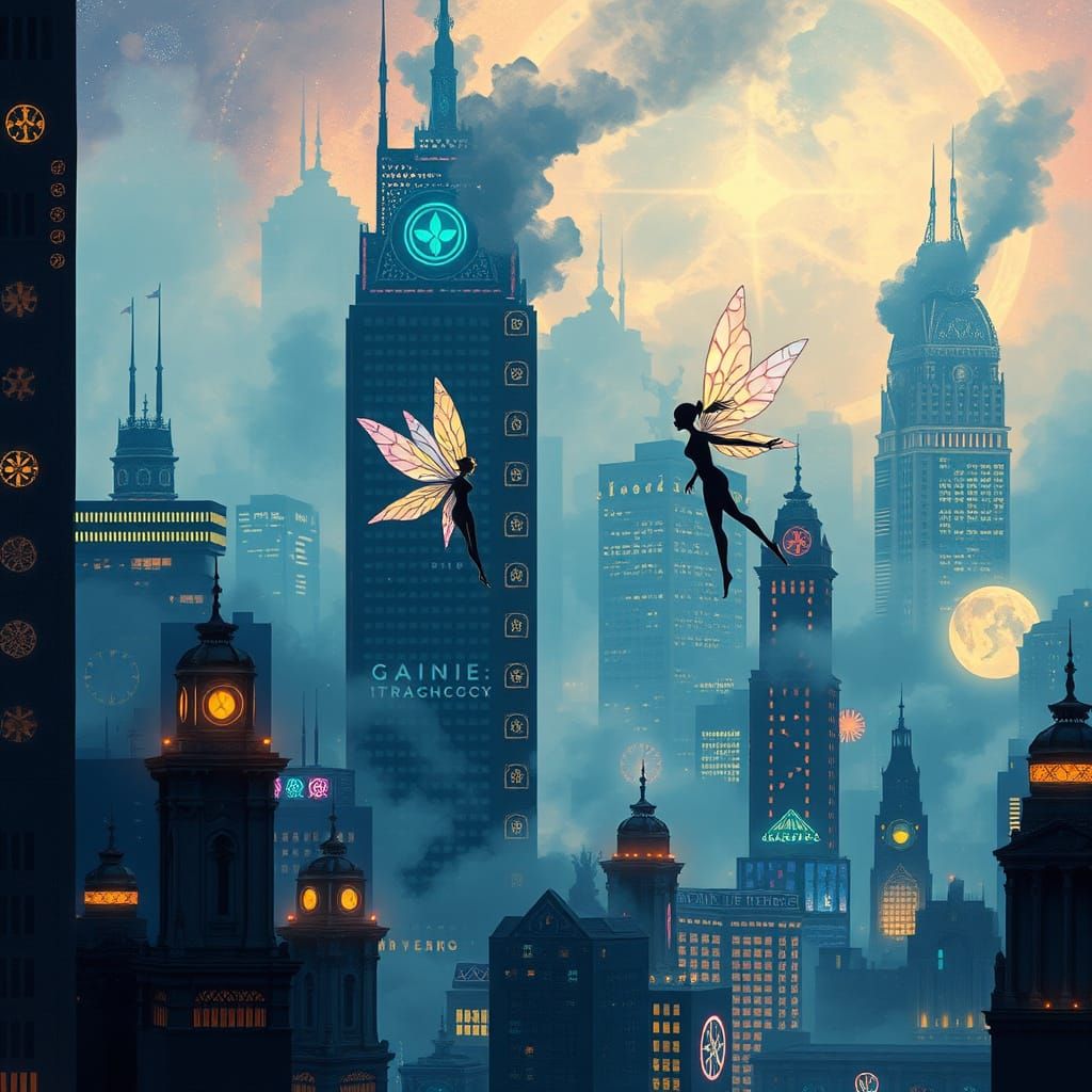 Geometric Fairy in Pointillist Cityscape