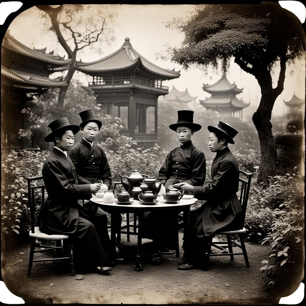 Shanghai Tea Party Silhouette in Daguerreotype Style