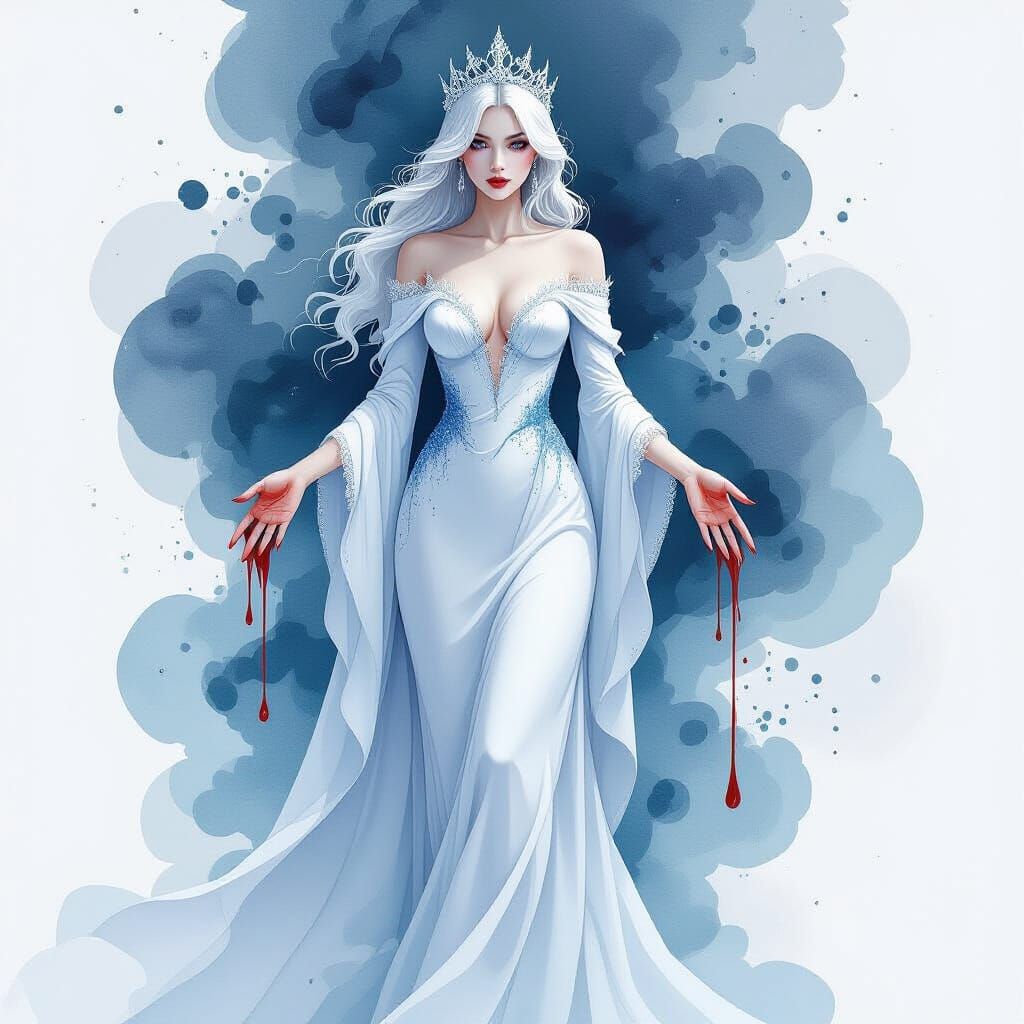 Ethereal Frost Queen in Abstract Ink Splatter Style