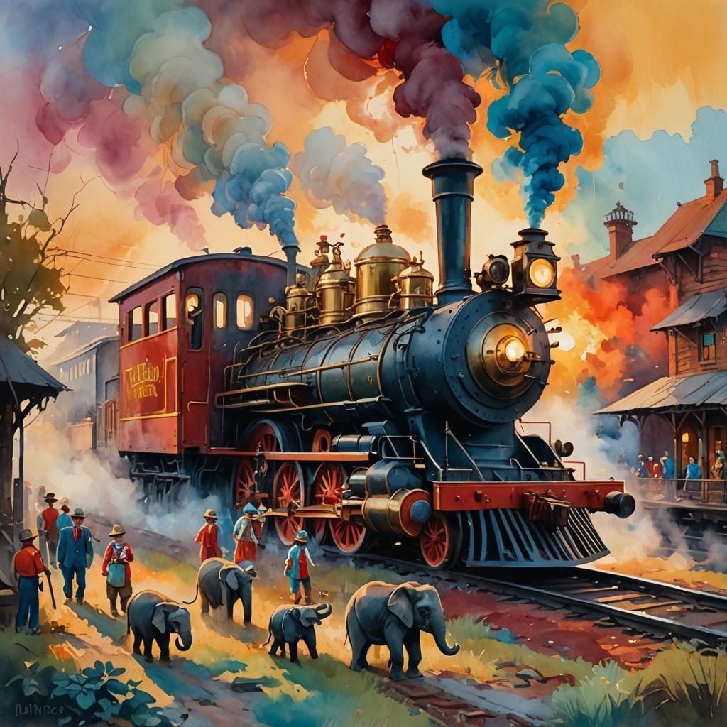 Circus Elephants Aboard Steam Engine in Gouache Watercolor