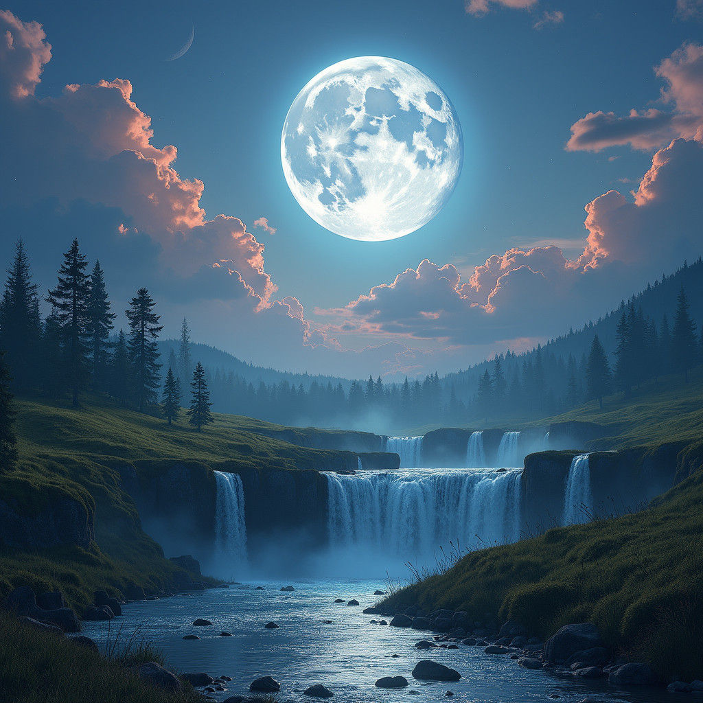 Ethereal Moonlit Waterfall in a Country Meadow