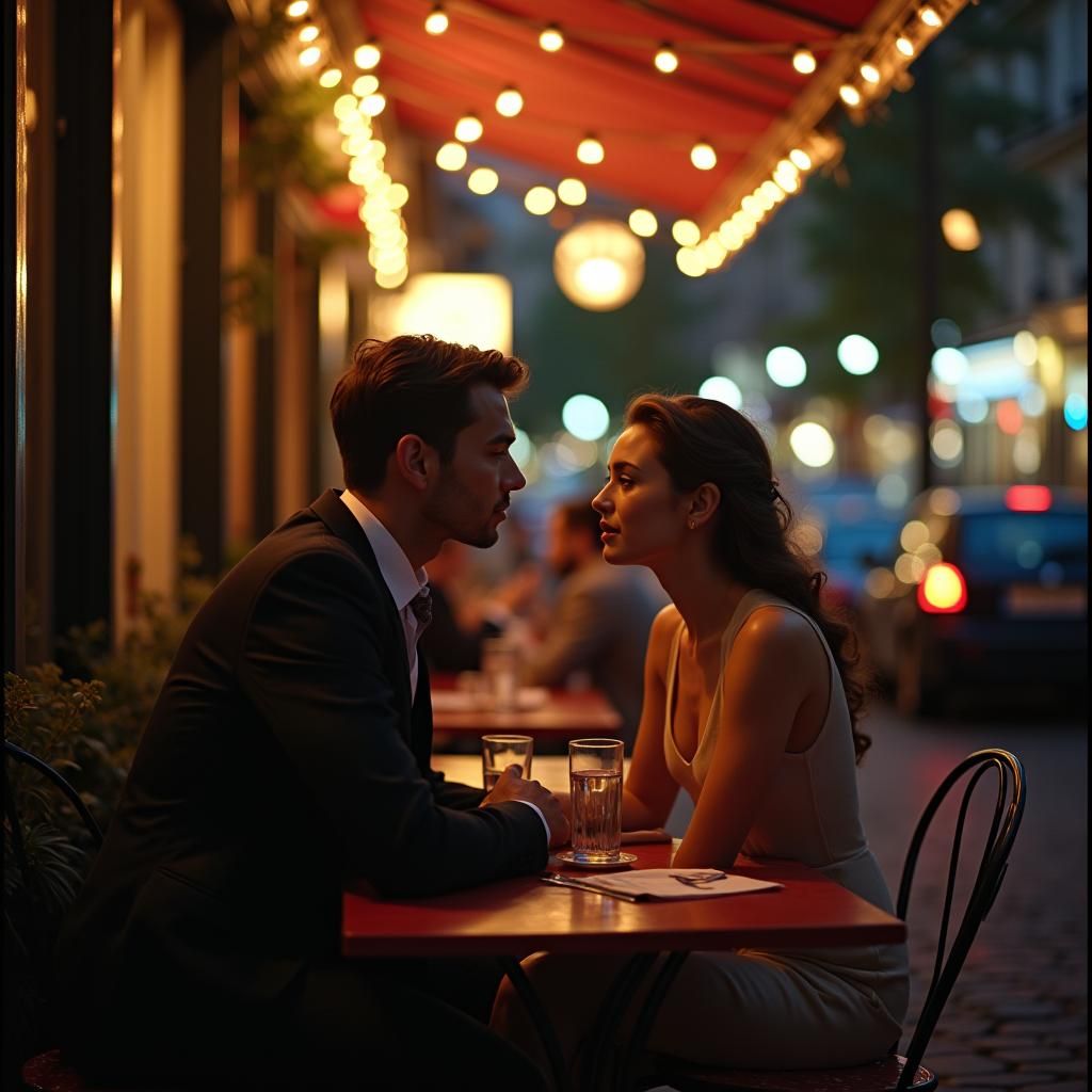 Romantic Paris Cafe Encounter in Cinematic Film Still
