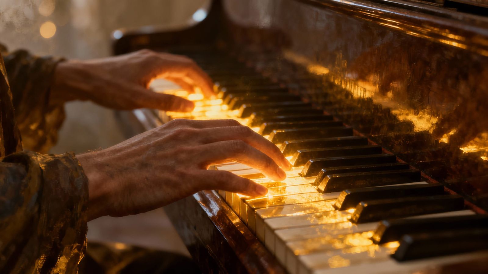 Golden Light Piano Keys: Cinematic Close-Up