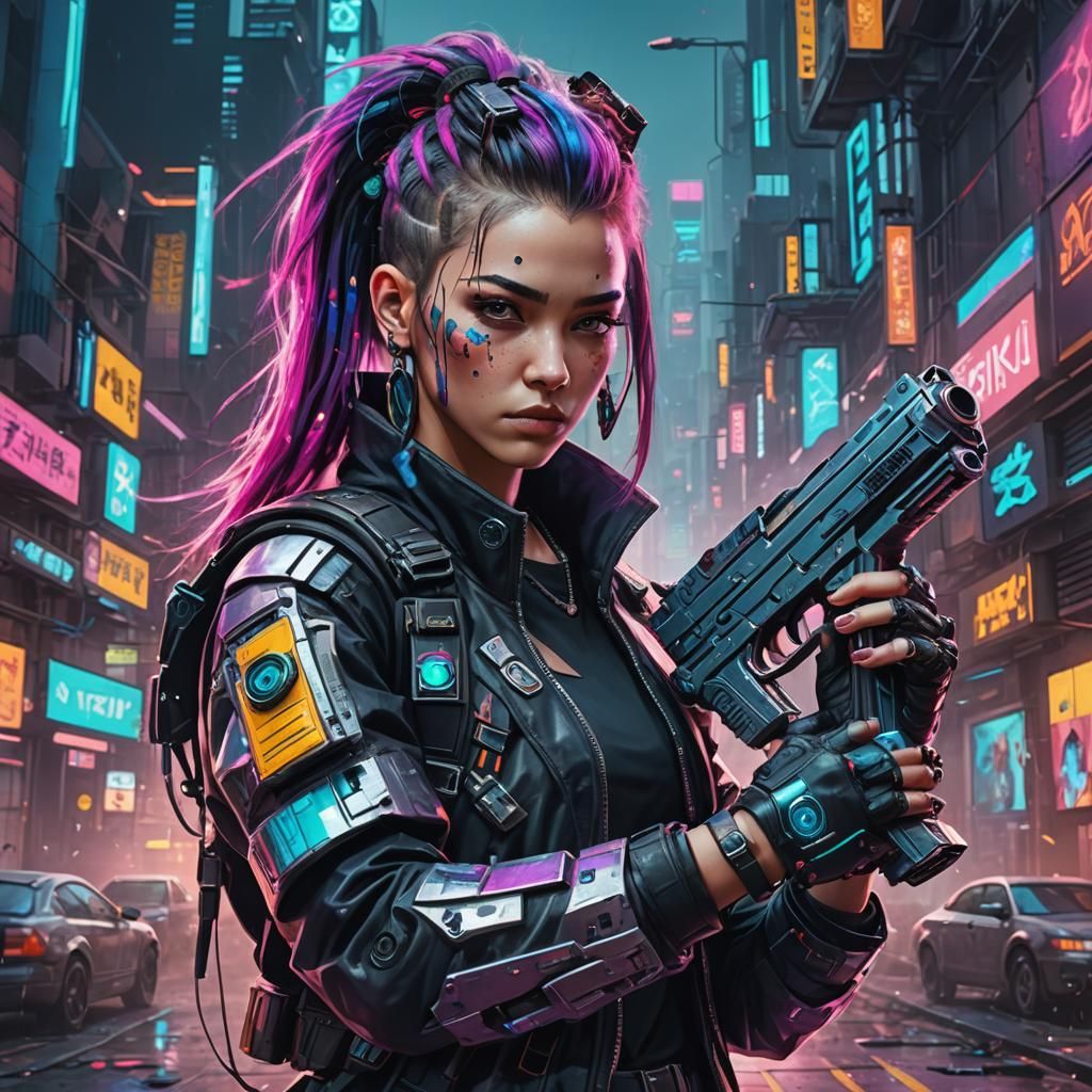 Hyperrealistic Cyberpunk Warrior in a Cybercity
